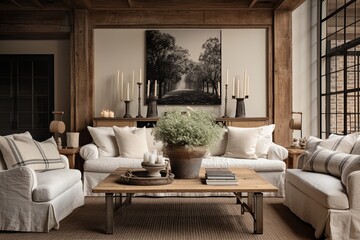 Fototapeta premium Rustic Farmhouse Living Room Ideas: Slipcovered Sofas & Rustic Accents Inspo