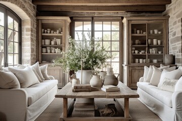 Fototapeta na wymiar Slipcovered Sofa Bliss: Rustic Farmhouse Living Room Ideas & Inspirational Rustic Accents