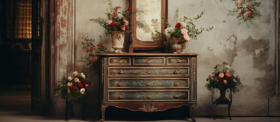 A room featuring an antique dresser with a mirror on top, complemented by a decorative arrangement of flowers on the wall. The vintage setting exudes a sense of timeless elegance and charm.