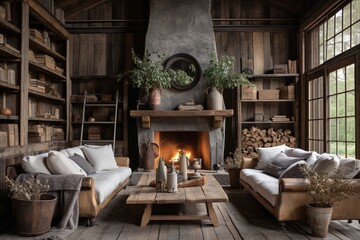 Obraz na płótnie Canvas Vintage Charm: Rustic Farmhouse Living Room Ideas for Creating a Cozy Atmosphere with Rustic Details