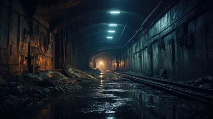 Poster Urban abandoned dark tunnel dirty mine subway railway station wallpaper background © Irina