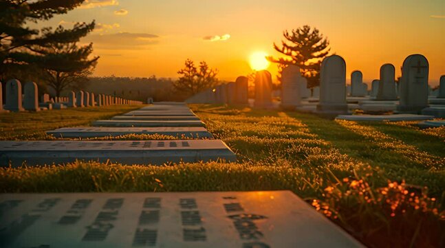 the rows of white headstones in a military cemetery
