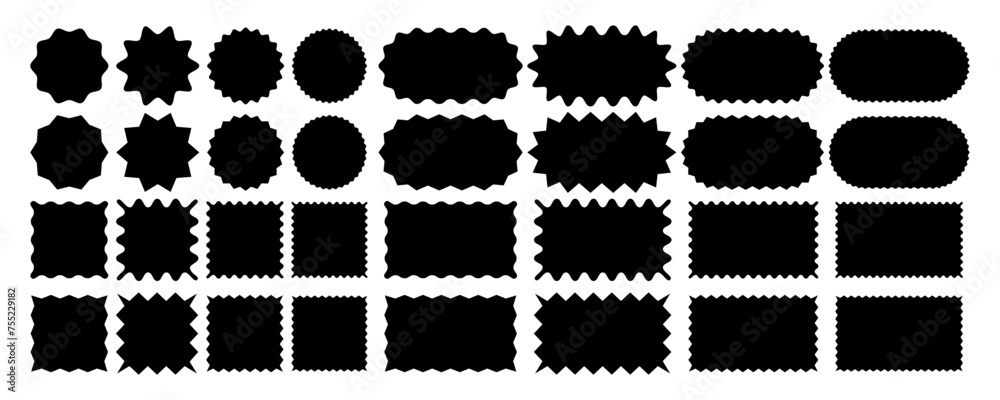 Poster Set of Zigzag and Wavy Geometric Shapes. Vector Rectangle, Circle, Square and Oval Elements with Curve Edge. Zig Zag Shapes for Stickers, Badges, Posters, Chevron, Labels and Decoration