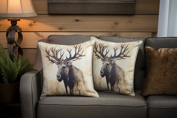 Moose Print Pillows: Rustic Lakeside Cabin Living Room Wildlife Decor