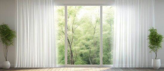 A room featuring a large window, through which natural light streams in, illuminating a white curtain. The curtain gently billows in the breeze, adding a touch of elegance to the rooms decor.