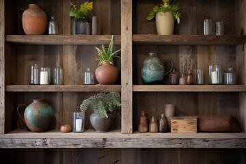Obraz na płótnie Canvas Rustic Lakeside Cabin Living Room Decor: Reclaimed Wood Shelves and Rustic Storage Display
