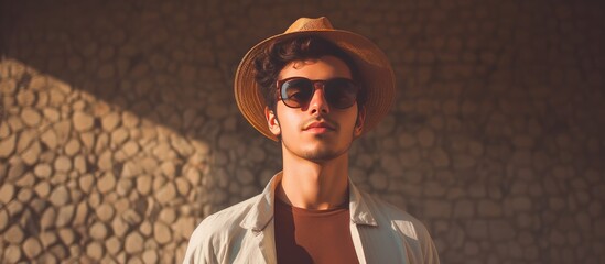 A young male hipster dressed in sunglasses and a trilby hat is standing in front of a wooden fence, gazing upwards. - obrazy, fototapety, plakaty