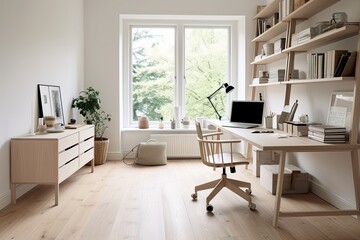 Fototapeta na wymiar Light Wood Floors in Scandi-Minimalist Home Office Ideas