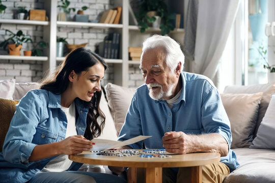 An elderly man and a young woman are engaged in a game, sitting close together and focusing intently.