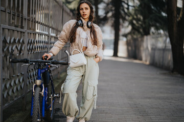 Fototapeta premium A fashionable woman with her bike enjoys a moment outdoors, showcasing an urban lifestyle and casual fashion.