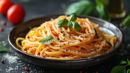 Tasty appetizing classic italian spaghetti pasta with tomato sauce, cheese parmesan and basil