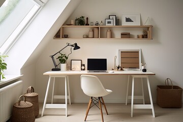 Fototapeta na wymiar Minimalist Scandinavian Home Office Design: Pure White Walls with Nordic-Inspired Natural Decor