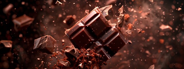 Macro photography showcasing a chocolate bar being smashed into pieces, with a focus on the intricate details of the texture and composition