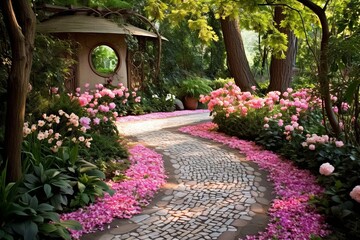Fototapeta na wymiar Blooming Flowers: Secret Garden Patio Designs with Winding Paths