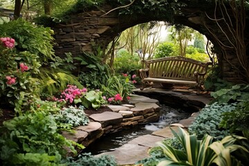 Obraz premium Babbling Brook Bliss: Secret Garden Patio Designs with Stone Bridge Serenity