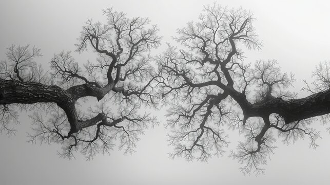 This monochrome image captures the stark beauty of leafless trees against a foggy backdrop, depicting a moody and atmospheric scene