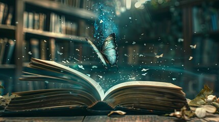 Open fairy tale magic book with flying butterfly wallpaper background