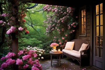 Fototapeta na wymiar Enchanted Garden Hideaway: Secret Patio Designs with Blossoming Shrubs
