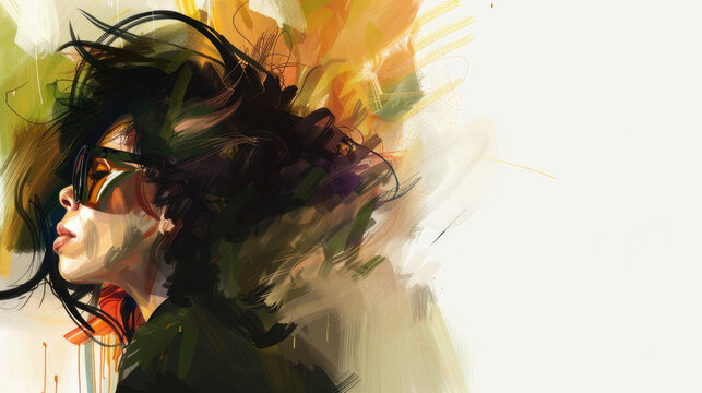 Abstract digital art of a person with flowing hair and sunglasses featuring vibrant splashes of color and dynamic brush strokes