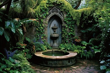 Secret Garden Patio Designs: Tranquil Fountain Oasis in a Hidden Sanctuary