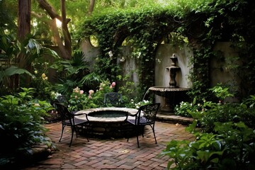 Fototapeta na wymiar Secret Garden Patio Designs: Tranquil Fountain Oasis in a Hidden Garden