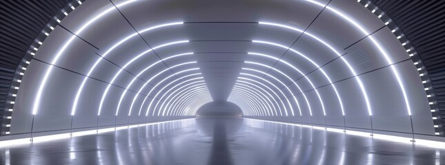 The person is strolling through a symmetrical tunnel with lights casting tints and shades. The pattern of circles on the walls creates a mesmerizing parallel monochrome photography atmosphere