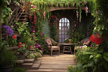 Fototapeta na wymiar Vertical Garden Magic: Secret Garden Patio Designs for Maximizing Space and Adding Lushness