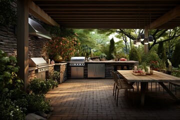 Fototapeta na wymiar Private Cooking Haven: Secret Garden Patio Designs Revealing an Outdoor Kitchen
