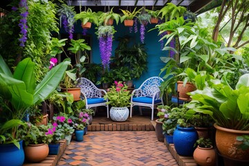 Fototapeta na wymiar Enchanting Patio Oasis: Hanging Plants and Decorative Pots in Our Secret Garden Haven