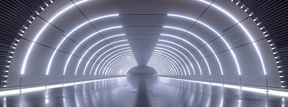 Fototapeta The person is strolling through a symmetrical tunnel with lights casting tints and shades. The pattern of circles on the walls creates a mesmerizing parallel monochrome photography atmosphere