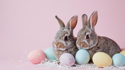 Fototapeta na wymiar Easter holiday. Two Bunny with easter eggs on pastel soft background
