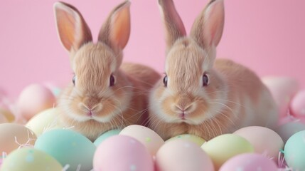 Easter holiday. Two Bunny with easter eggs on pastel soft background