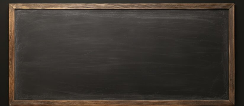A rectangle blackboard with a wooden frame on a black background. The hardwood frame adds a touch of brown to the dark hues, resembling an automotive exterior in the horizon