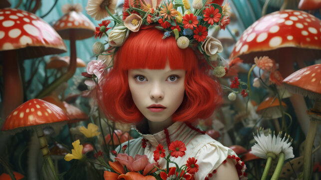 A fantasy image of a young girl with red hair sitting in a garden of giant mushrooms. Surreal and colorful.