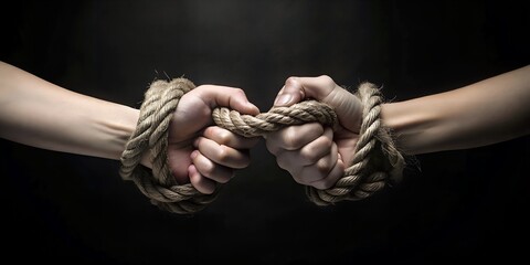 hands tied together with rope - obrazy, fototapety, plakaty
