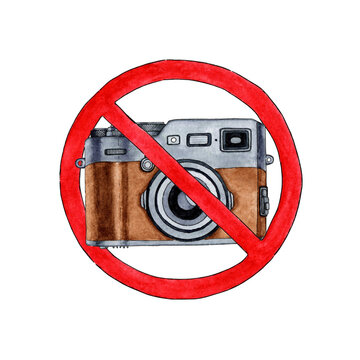 recommend clip art: Watercolor illustration of a retro camera in a red prohibition circle. Prohibition of photography and video recording. Camera logos are prohibited. Isolated on a white background. Composition 