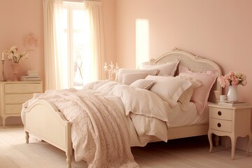 Fototapeta na wymiar Shabby Chic Bedroom Designs: Pale Pink Walls & Warm Ambiance Delight