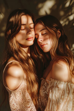 two women sapphic female wlw couple in sensual embrace in magical glowing fairy light setting ethereal surreal for magic/witchy equality/diversity lgbt in magazine cover editorial textured look