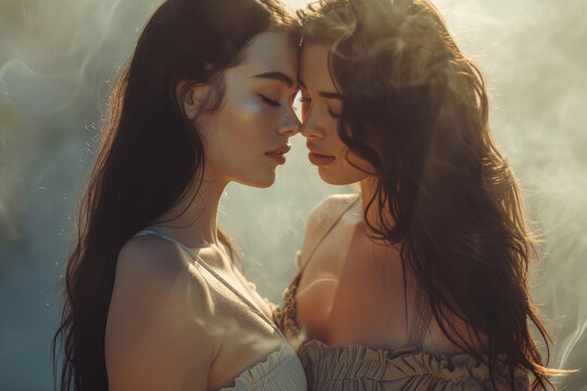 two women sapphic female wlw couple in sensual embrace in magical glowing fairy light setting ethereal surreal for magic/witchy equality/diversity lgbt in magazine cover editorial smokey look