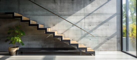 The staircase in the room is a fixture made of composite material and metal. It features a triangular design with engineering for symmetry, parallel steps, and a window as an event