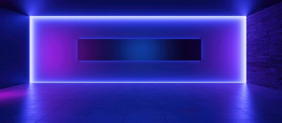 A dark purple room is illuminated by a vibrant blue and purple light, casting a mysterious and futuristic atmosphere on the empty space.