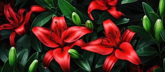 A cluster of vibrant red stargazer lilies, with delicate petals, surrounded by lush green leaves. The closeup view showcases the artistry of this flowering plant