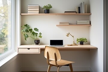 Fototapeta na wymiar Sleek Space-Saving: Floating Desk & Minimal Shelving Home Office Ideas