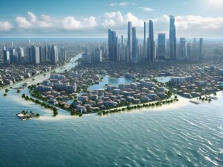 A city that is flooded due to rising sea levels due to global warming. - obrazy, fototapety, plakaty