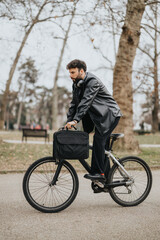 Handsome businessman in a leather jacket with headphones cycling with a briefcase, working remotely in an urban park.