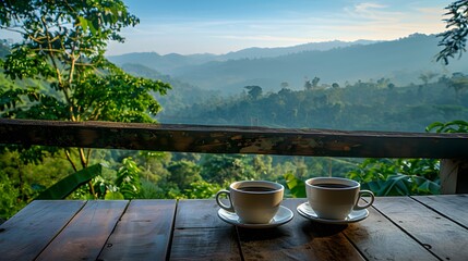 peple with cup of coffee tea enjoying the view from the balcony on tea plantation jungle at India Kerala Goa wildernest nature spa resort
