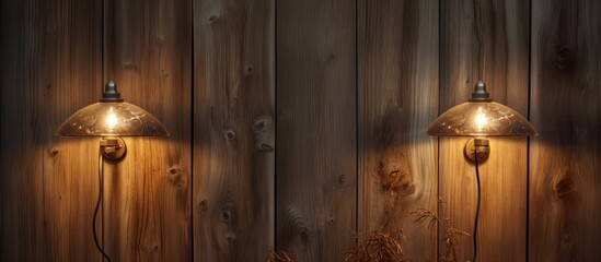 A pair of antique design lamps are mounted on a brown, old wood wall. The wall is covered with fungus in the background, adding a rustic touch to the scene.