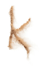 K English alphabet made of Sand explosion with K English alphabet scattered, space for text. Concept of Flying sand particle object to shape in air. White background Isolated throwing element object