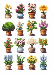 Fototapeta premium retro vintage pixel art old game graphics set bundle of flowers floral botanical tree plant mushroom bird icons symbols pixelated isolated garden 90s video game nostalgia look
