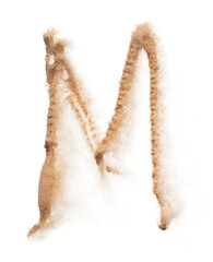 M English alphabet made of Sand explosion with M English alphabet scattered, space for text....